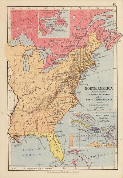 Nord-Amerika, som illustrerer erobringen av Canada og uavhengighetskrigen av English School