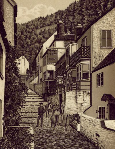 Nord-Devon: Clovelly, Main Street (litografi) av English School
