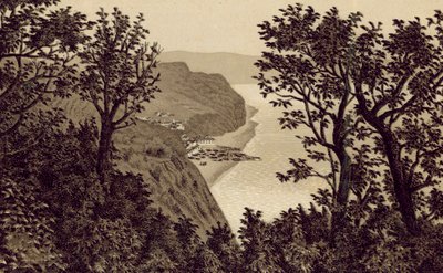 Nord-Devon: Clovelly fra Hobby Drive (litografi) av English School