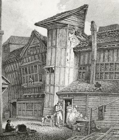 Nordøst Utsikt over et gammelt hus som nylig sto i Sweedons passage, Grub Street av English School