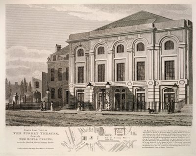 Nordøst-utsikt over Surrey Theatre, tidligere The Royal Circus nær obelisken, Great Surrey Street, 1814 av English School