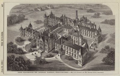 North Staffordshire New Infirmary, Hartshill, Stoke-upon-Trent, Mr GB Nichols og Mr Charles Lynam, arkitekter (gravering) av English School