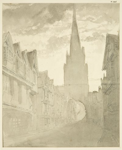 Nordutsikt over St Mary Redcliffe Church fra Redcliffe Street (blyant og akvarell på papir) av English School