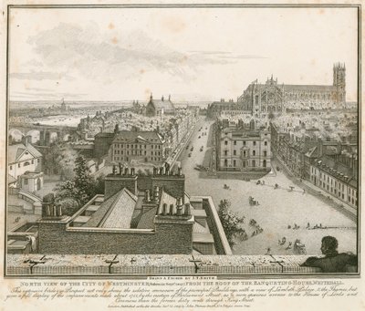 Nordutsikt over Westminster fra taket på Banketthuset, Whitehall av English School