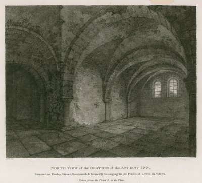 Nordutsikt over Oratory of the Ancient Inn som ligger i Tooley Street, Southwark av English School