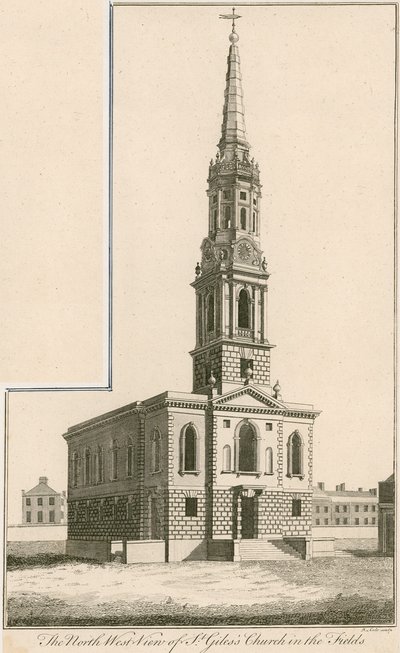 Nordvest-utsikt over St Giless Church in the Fields, London av English School