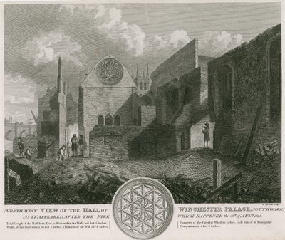 Nordvest-visning av Hall of Winchester Palace slik den så ut etter brannen av English School