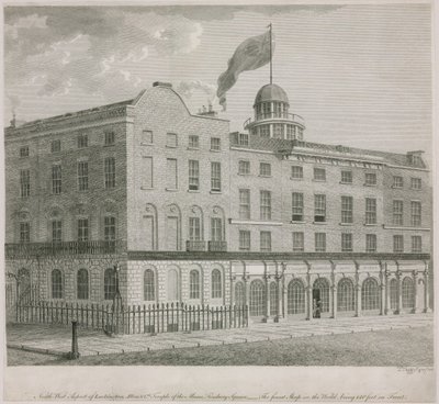 Nordvestlig aspekt av Lackington, Allen & Cos Temple of the Muses, Finsbury Square av English School
