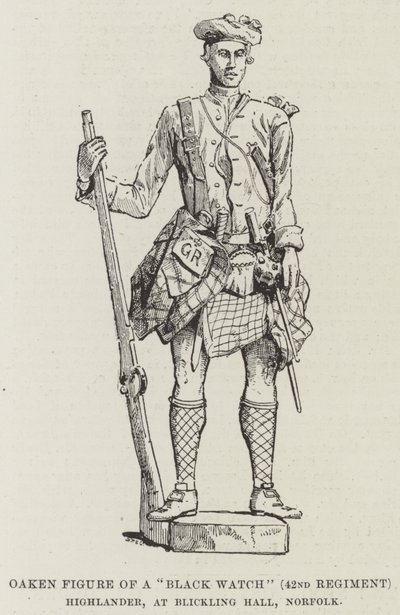 Oaken-figur av en "Black Watch" (42. regiment) Highlander, ved Blickling Hall, Norfolk (gravering) av English School