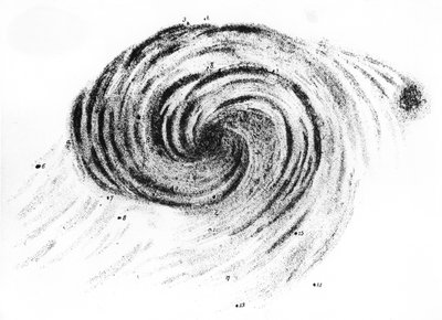 Observasjon av boblebadgalaksen i Canes Venatici, fra Observations of Nebulae, av Lord Rosse, publisert i London, 1850 av English School