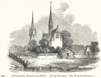 Gammel landsbykirke og klokketårn (gravering) av English School