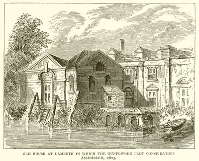 Gammelt hus på Lambeth der kruttplottkonspiratorene samlet seg, 1605 av English School