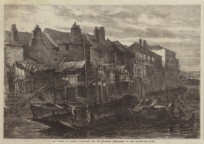 Gamle hus ved Lambeth revet for den sørlige bredden av Themsen (gravering) av English School