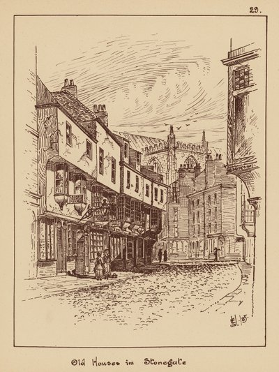 Gamle hus i Stonegate (litografi) av English School