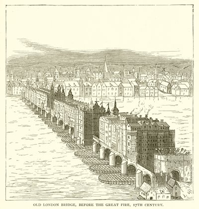 Old London Bridge, før den store brannen, 1600-tallet av English School