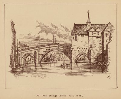 Old Ouse Bridge, tatt ned 1809 (lito) av English School