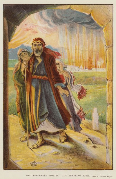 Historier fra Det gamle testamente, Lot inn i Zoar (litho i farge) av English School