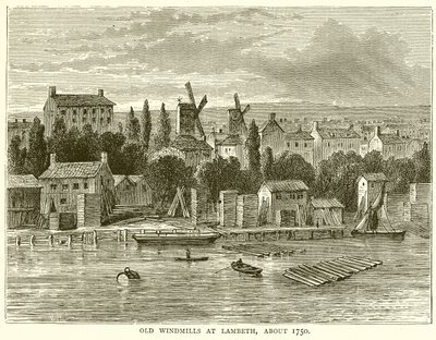 Gamle vindmøller ved Lambeth, ca 1750 av English School