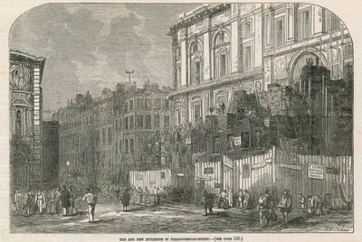 Gamle og nye bygninger i Threadneedle Street, London av English School