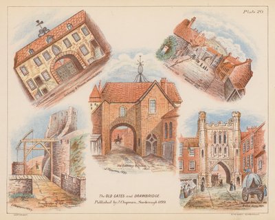 Gamle porter og vindebro, Scarborough (fargelitografi) av English School