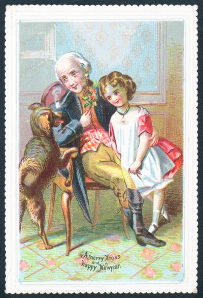Gammel herre sitter i stol med jente og hund, julekort av English School
