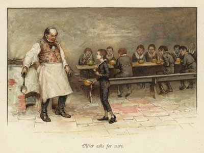 Oliver ber om mer (chromolitho) av English School