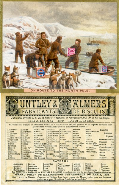 På vei til Nordpolen, foran og bak på et kampanjekort for Huntley & Palmers Biscuits, produsert for det franske markedet, 1890 av English School