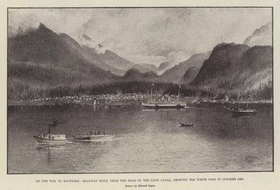 På vei til Klondike, Skagway Town, fra Head of the Lynn Canal, som viser White Pass i oktober 1897 (litho) av English School