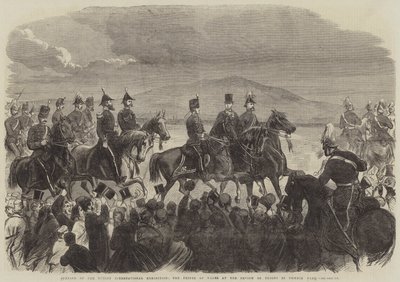 Åpning av Dublin International Exhibition, Prince of Wales ved Review of Troops i Phoenix Park (gravering) av English School