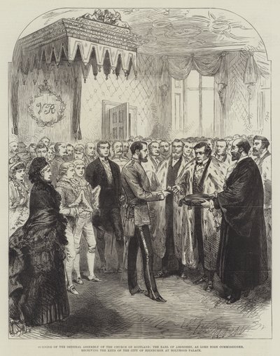 Åpning av generalforsamlingen til Church of Scotland, jarlen av Aberdeen, som Lord High Commissioner, mottok nøklene til byen Edinburgh ved Holyrood Palace (gravering) av English School