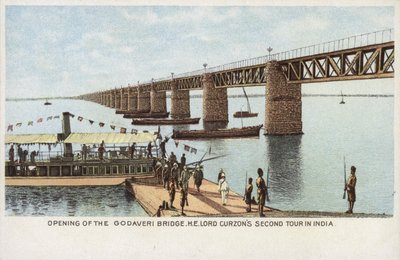 Åpning av Godaveri Bridge, HE Lord Curzons andre tur i India (farge litho) av English School