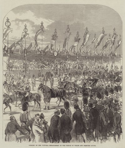Åpning av Victoria Embankment av prinsen av Wales og prinsesse Louisa (gravering) av English School