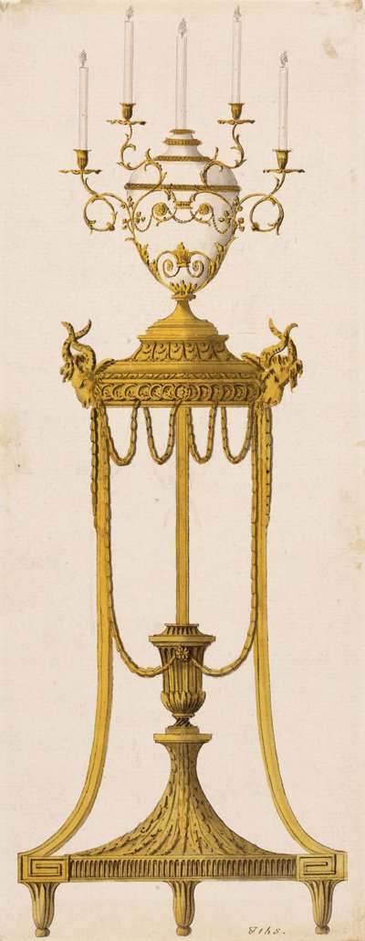 Originalt design for et stativ og vase for stearinlys, fra "Works in Architecture", av Robert og J. Adam, 1773 av English School