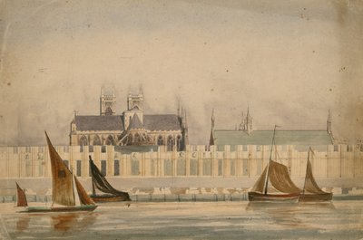 Original akvarelltegning av Houses of Parliament som ble bygget rundt 1842 (wc på papir) av English School