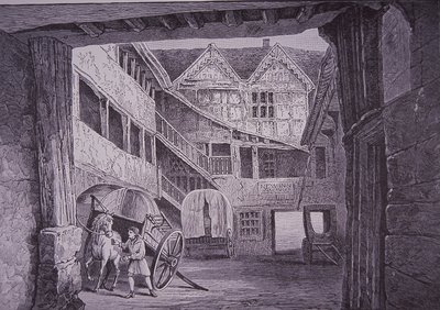Ostler tilstede hest på gårdsplassen til New Inn, Gloucester (tregravering) av English School