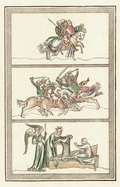Oswald King of Northumberland med sin hær, Battle Of Maserfield, Miracle of the Virgin Mary (farget gravering) av English School