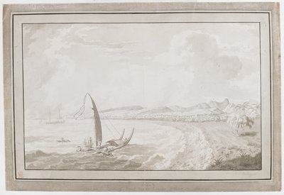 Otahete som viser en utsikt ut av Back of Point Venus mot Pithas Long House. av English School