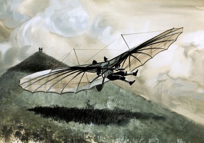 Otto Lillenthal foretok over 1000 flyvninger i sitt primative glider (gouache på papir) av English School