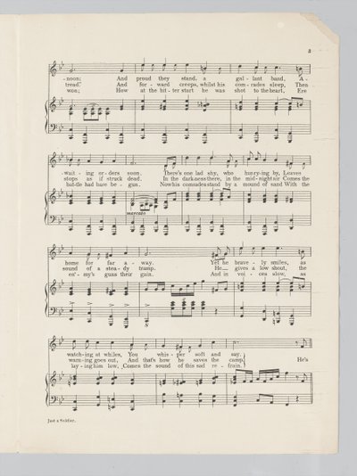 Side 3 av et partitur for sangen Just a Soldier av English School