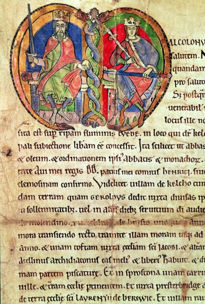 Side fra Charter of Kelso Abbey med en opplyst initial som viser kong David I (1084-1153) og hans barnebarn Malcolm IV (1141-65) 1159 (vellum) av English School