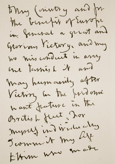 Side av et brev skrevet av Nelson like før slaget ved Trafalgar, mandag 21. oktober 1805 (sepia-bilde) av English School