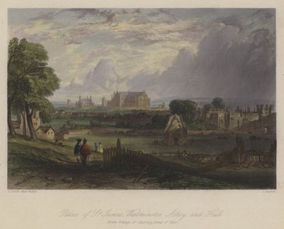 Palace of St James, Westminster Abbey and Hall, London (farget gravering) av English School