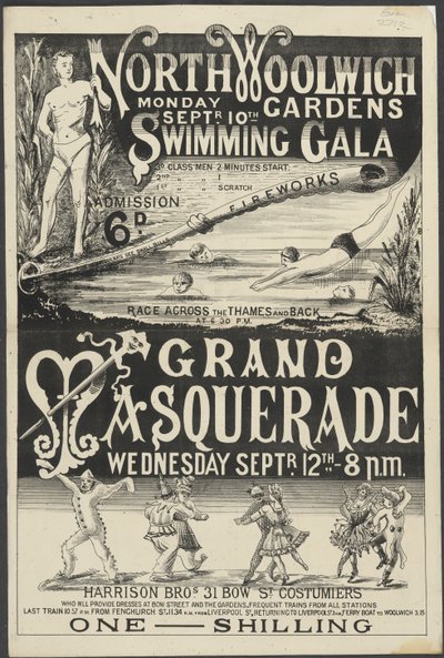 Brosjyre for "Swimming Gala and Grand Masquerade, North Woolwich Gardens" av English School