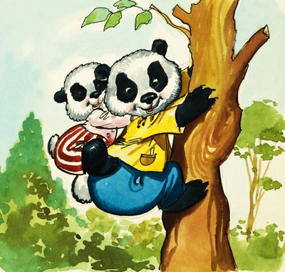 Pandaer som klatrer i et tre av English School