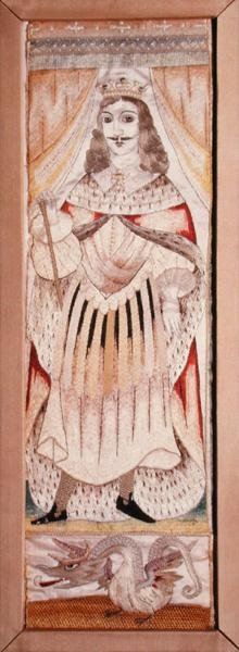 Panel brodert med et portrett av Charles II (1630-85) ca. 1660 (silke på sateng) av English School