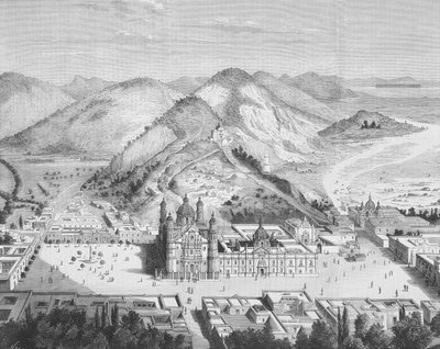 Panoramautsikt over Basilica de Guadalupe, Mexico by 1880-tallet (gravering) av English School