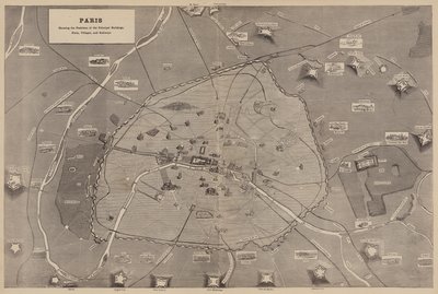 Paris, som viser posisjonene til de viktigste bygningene, fortene, landsbyene og jernbanene (gravering) av English School