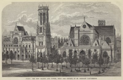 Paris, den nye Mairie og tårnet, ved siden av kirken St Germain l'Auxerrois (gravering) av English School