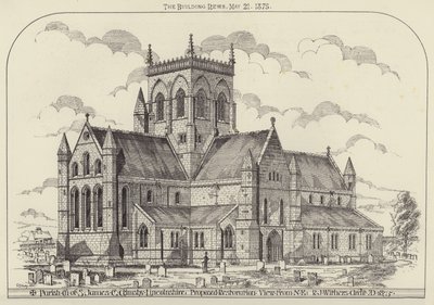 Parish Church of S James, Great Grimsby, Lincolnshire, foreslått restaurering, utsikt fra NE (gravering) av English School