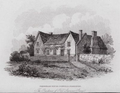 Parsonage House, Coxwold, Yorkshire, residensen til pastor Laurence Sterne (gravering) av English School